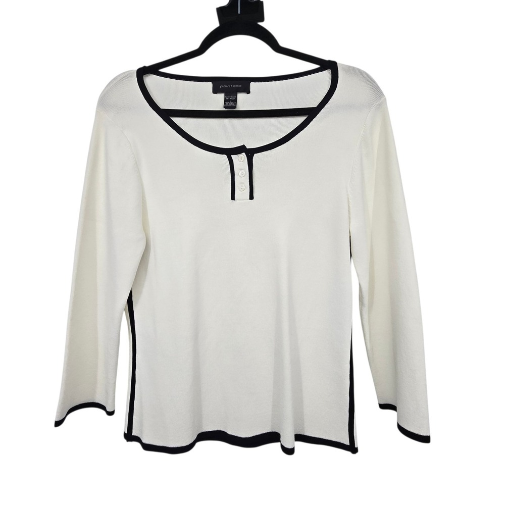 Pointelle Fine Knit Sweater Top Womens MED White Black Classic Minimalist Preppy